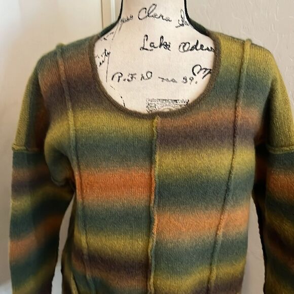 Flax Stripe Merino Wool Blend Multi Colors Pockets Pullover Sweater Boho Casual - Picture 4 of 8